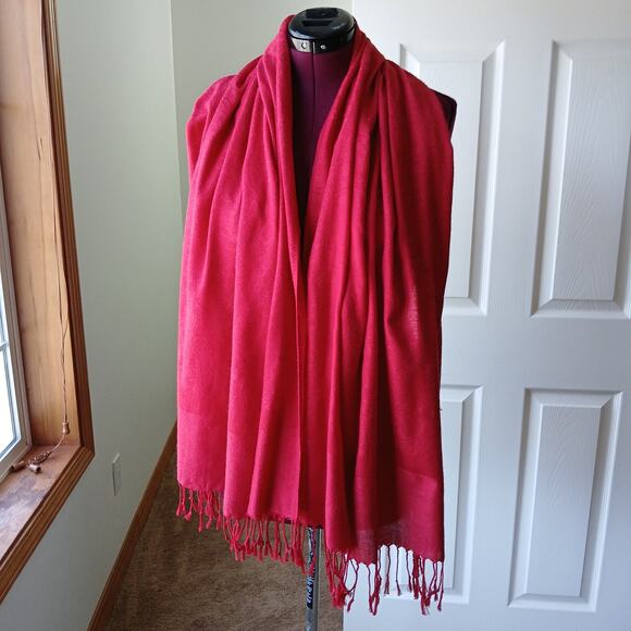 Red Floral Jacquard Fringe Scarf woven 66"L +3" fringe 27"W - Picture 8 of 8